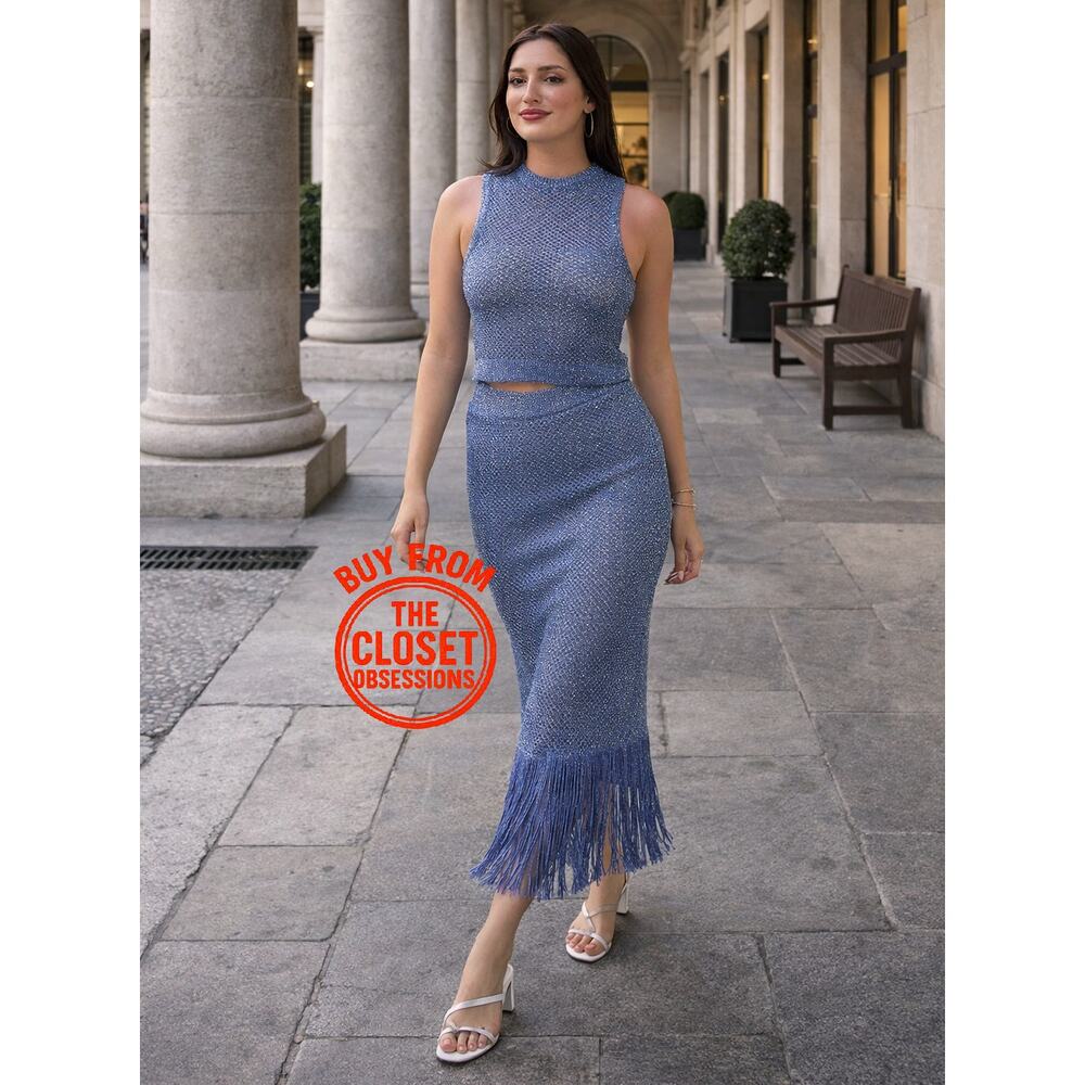 Mango Blue Sleeveless Midi Dress with Fringe Hem